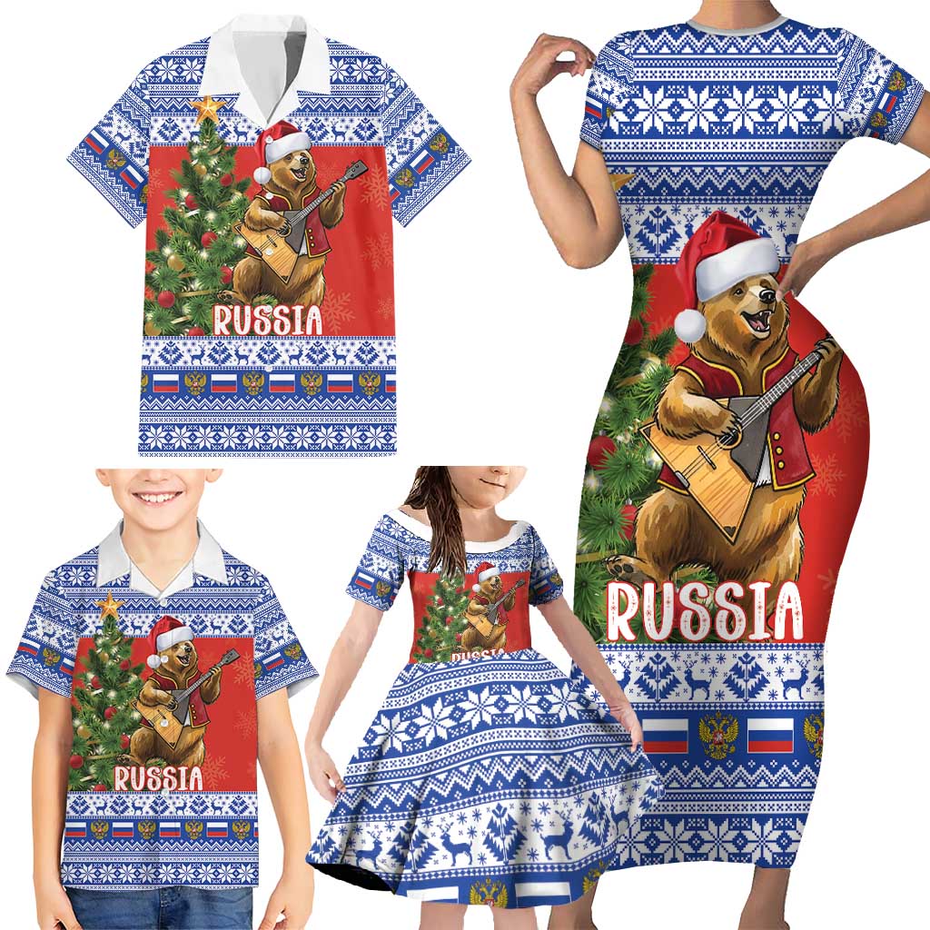Russia Christmas Family Matching Short Sleeve Bodycon Dress and Hawaiian Shirt Brown Bear Playing Balalaika - Wonder Print Shop