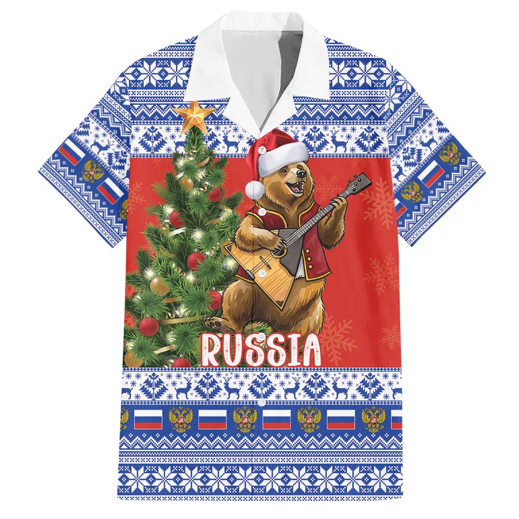 Russia Christmas Family Matching Short Sleeve Bodycon Dress and Hawaiian Shirt Brown Bear Playing Balalaika - Wonder Print Shop