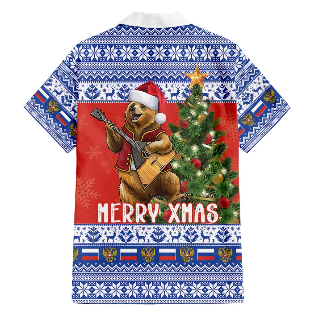 Russia Christmas Family Matching Short Sleeve Bodycon Dress and Hawaiian Shirt Brown Bear Playing Balalaika - Wonder Print Shop