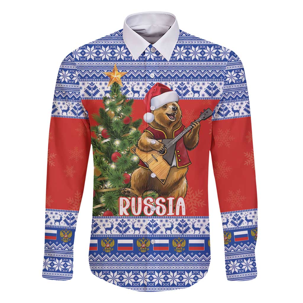 Russia Christmas Family Matching Short Sleeve Bodycon Dress and Hawaiian Shirt Brown Bear Playing Balalaika - Wonder Print Shop