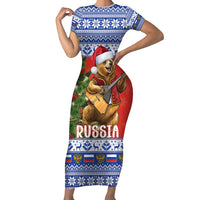 Russia Christmas Family Matching Short Sleeve Bodycon Dress and Hawaiian Shirt Brown Bear Playing Balalaika - Wonder Print Shop