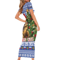 Russia Christmas Family Matching Short Sleeve Bodycon Dress and Hawaiian Shirt Brown Bear Playing Balalaika - Wonder Print Shop