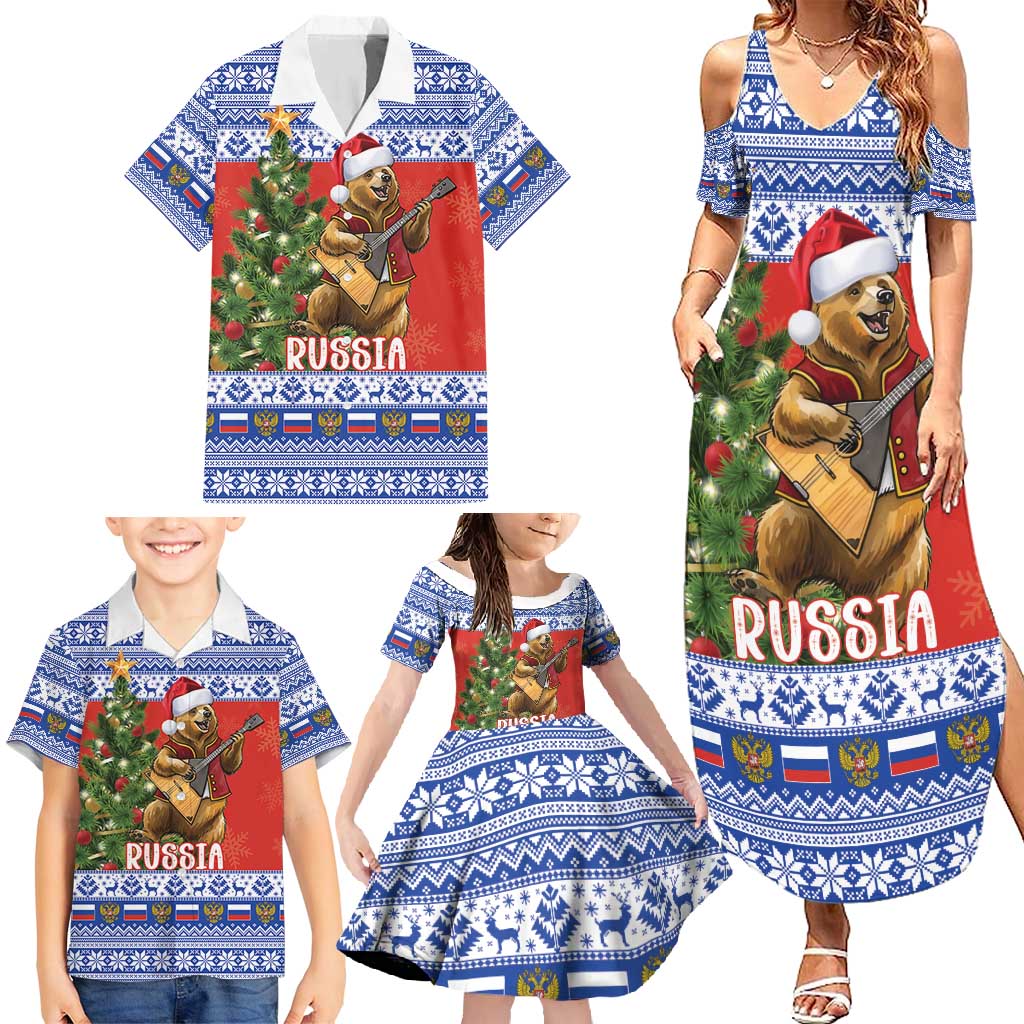 Russia Christmas Family Matching Summer Maxi Dress and Hawaiian Shirt Brown Bear Playing Balalaika - Wonder Print Shop