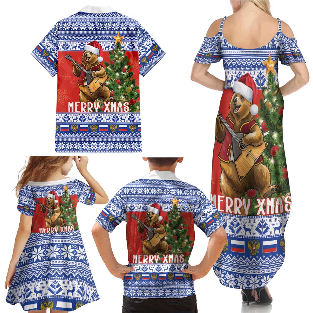 Russia Christmas Family Matching Summer Maxi Dress and Hawaiian Shirt Brown Bear Playing Balalaika - Wonder Print Shop