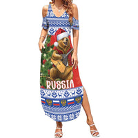 Russia Christmas Family Matching Summer Maxi Dress and Hawaiian Shirt Brown Bear Playing Balalaika - Wonder Print Shop