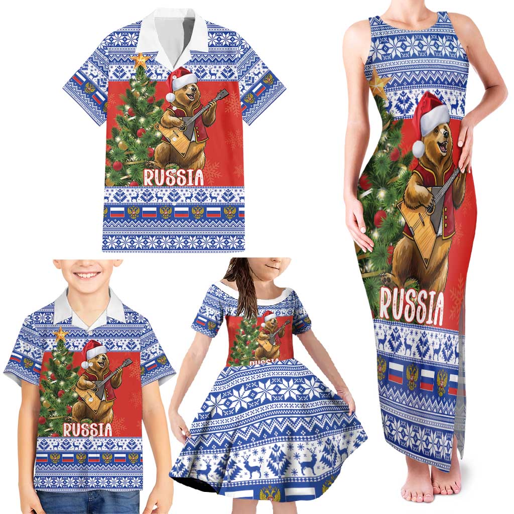 Russia Christmas Family Matching Tank Maxi Dress and Hawaiian Shirt Brown Bear Playing Balalaika - Wonder Print Shop