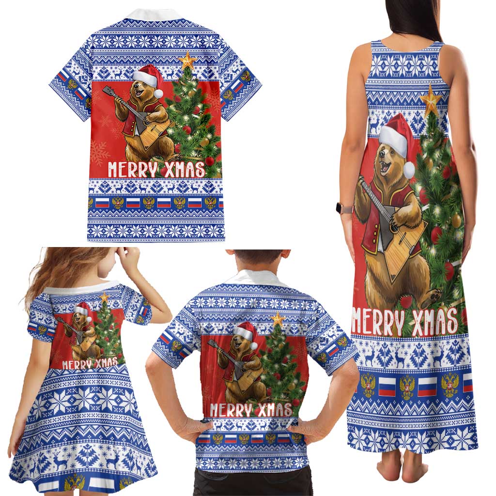 Russia Christmas Family Matching Tank Maxi Dress and Hawaiian Shirt Brown Bear Playing Balalaika - Wonder Print Shop