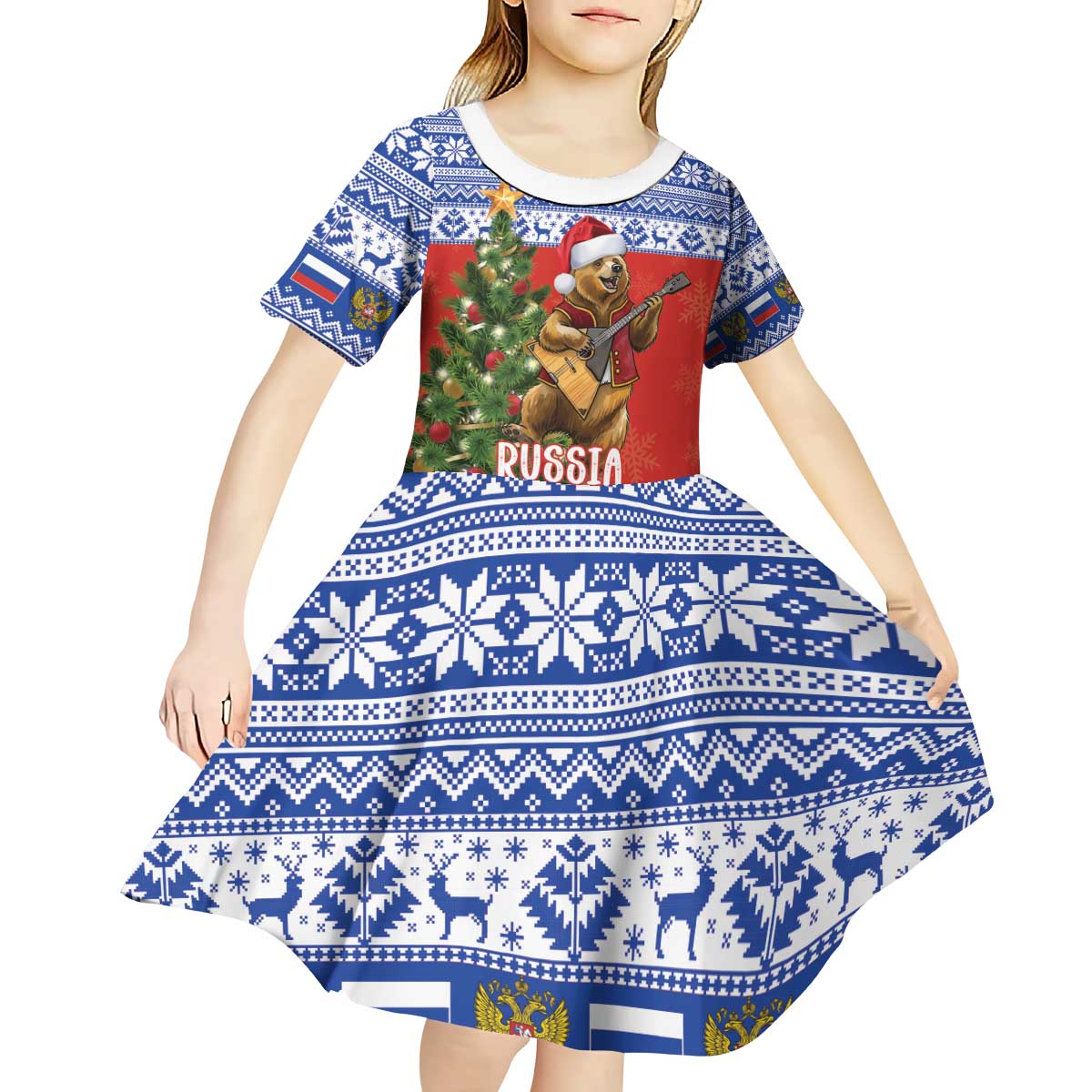 Russia Christmas Kid Short Sleeve Dress Brown Bear Playing Balalaika - Wonder Print Shop