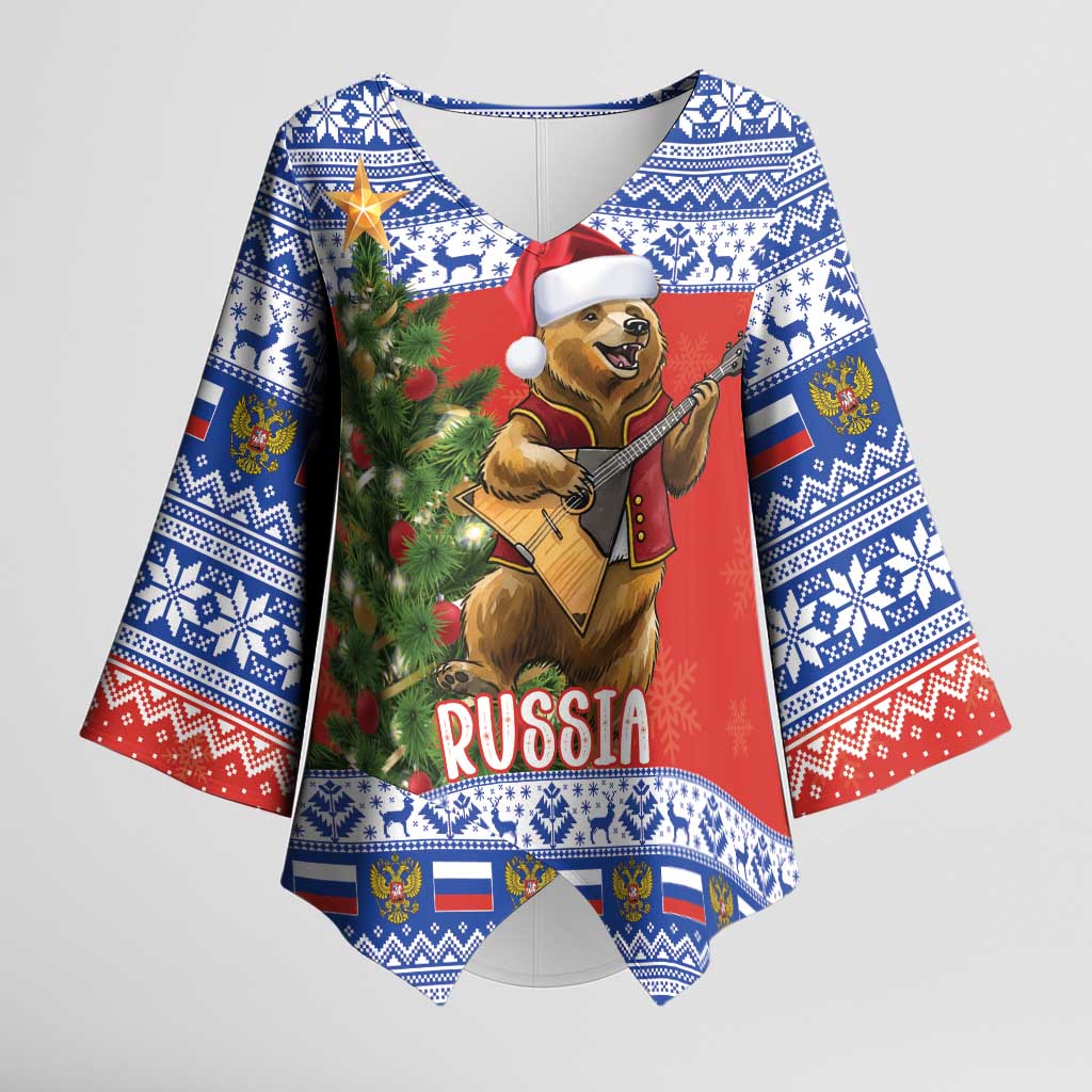 Russia Christmas Kimono Sleeve Blouse Brown Bear Playing Balalaika - Wonder Print Shop