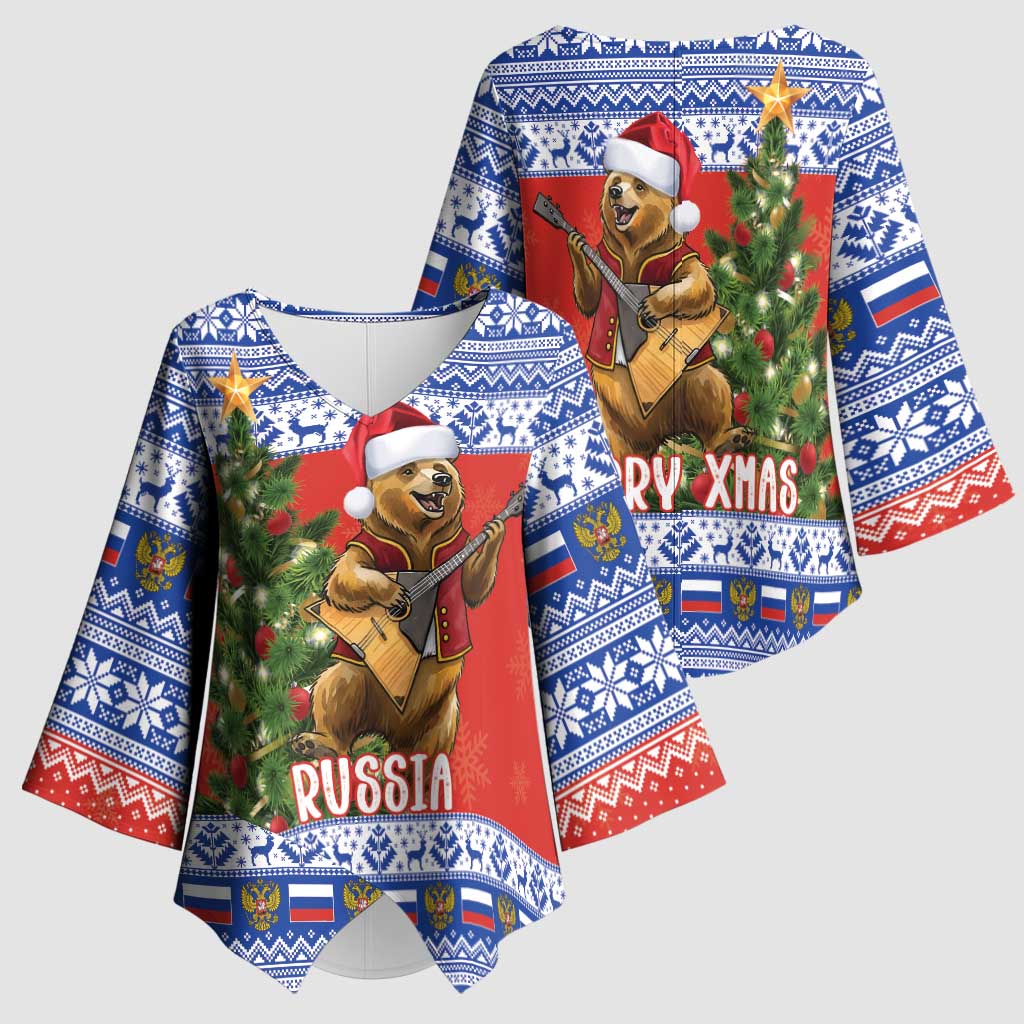 Russia Christmas Kimono Sleeve Blouse Brown Bear Playing Balalaika - Wonder Print Shop