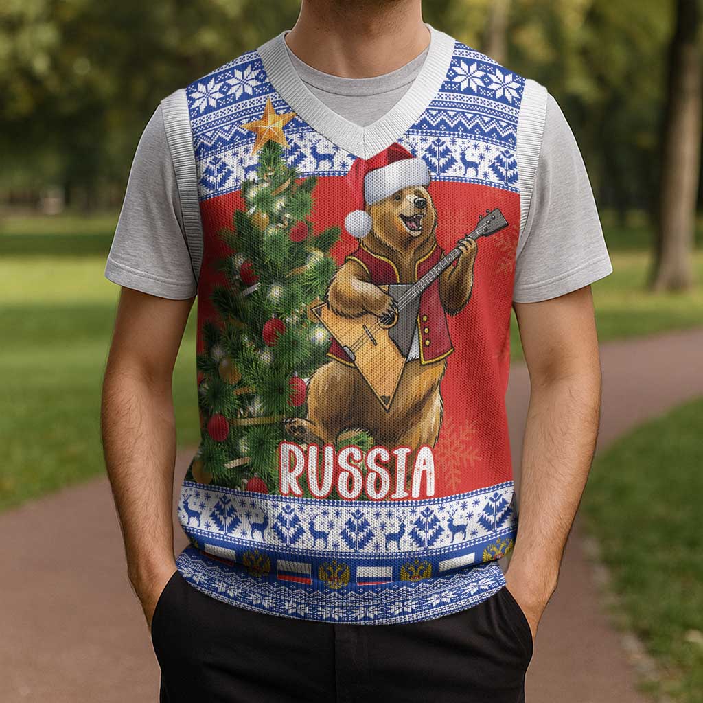 Russia Christmas Knitted V-Neck Vest Brown Bear Playing Balalaika - Wonder Print Shop