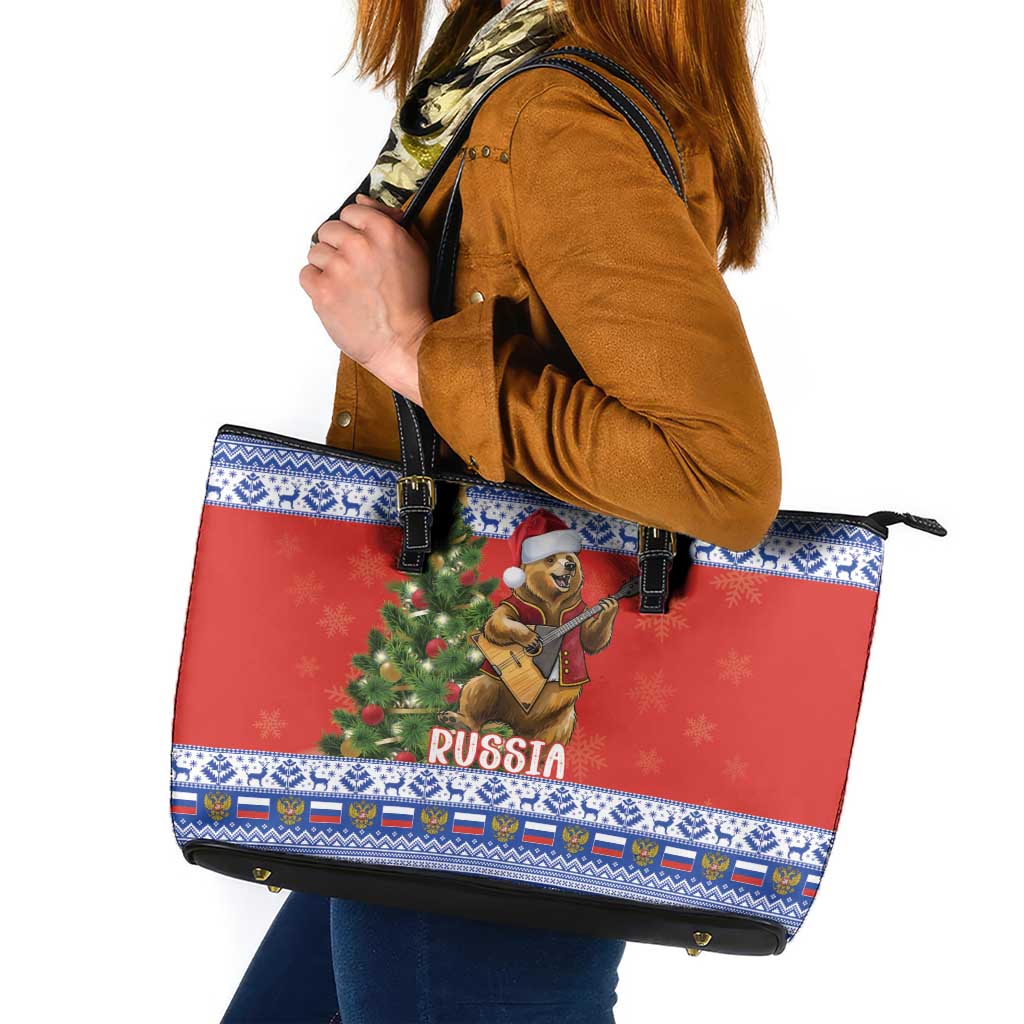 Russia Christmas Leather Tote Bag Brown Bear Playing Balalaika - Wonder Print Shop
