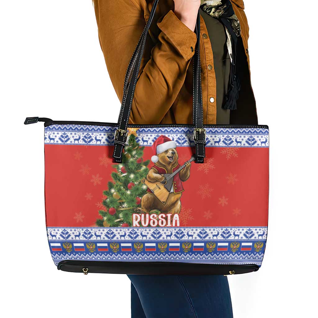 Russia Christmas Leather Tote Bag Brown Bear Playing Balalaika - Wonder Print Shop