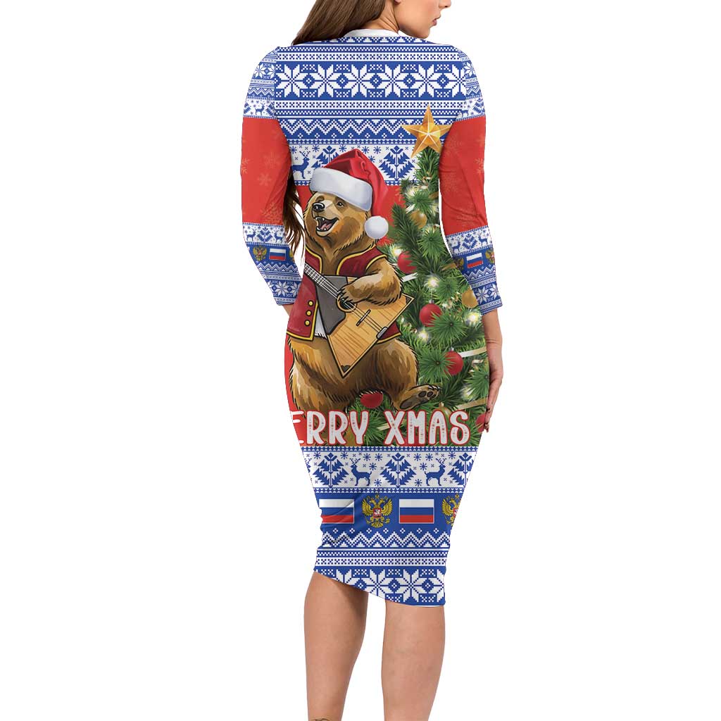 Russia Christmas Long Sleeve Bodycon Dress Brown Bear Playing Balalaika - Wonder Print Shop