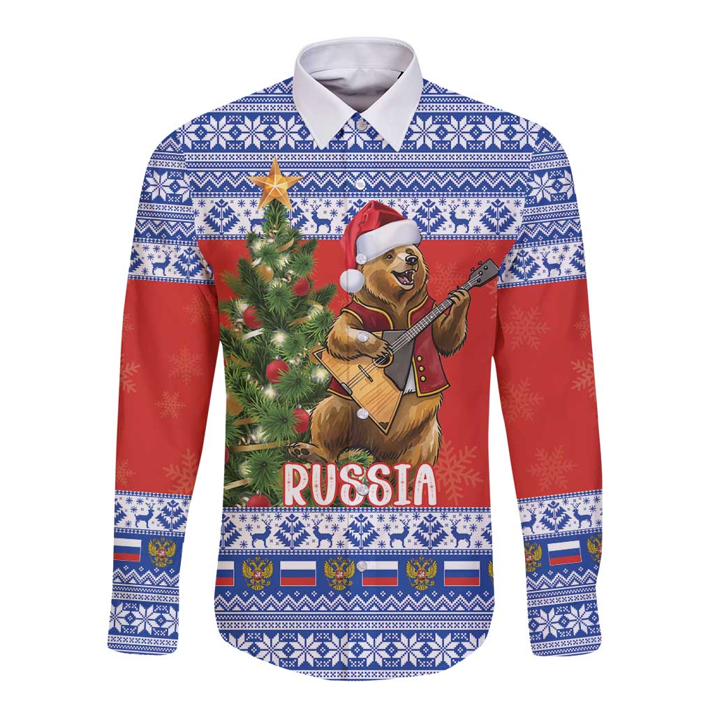 Russia Christmas Long Sleeve Button Shirt Brown Bear Playing Balalaika - Wonder Print Shop