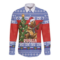 Russia Christmas Long Sleeve Button Shirt Brown Bear Playing Balalaika - Wonder Print Shop