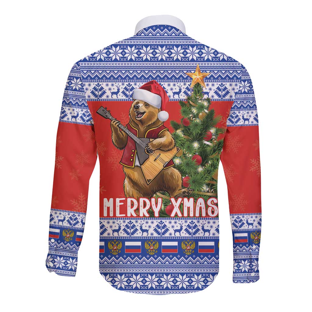 Russia Christmas Long Sleeve Button Shirt Brown Bear Playing Balalaika - Wonder Print Shop