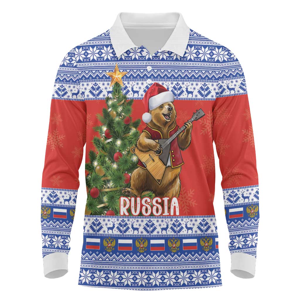 Russia Christmas Long Sleeve Polo Shirt Brown Bear Playing Balalaika - Wonder Print Shop