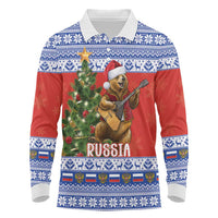 Russia Christmas Long Sleeve Polo Shirt Brown Bear Playing Balalaika - Wonder Print Shop