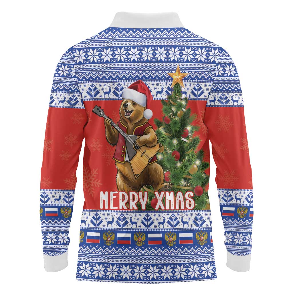 Russia Christmas Long Sleeve Polo Shirt Brown Bear Playing Balalaika - Wonder Print Shop