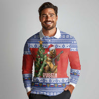 Russia Christmas Long Sleeve Polo Shirt Brown Bear Playing Balalaika - Wonder Print Shop