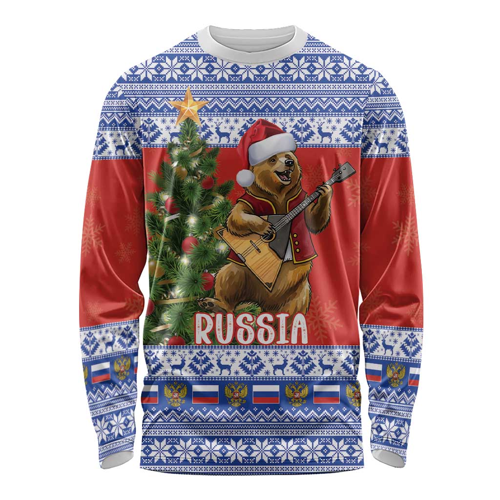 Russia Christmas Long Sleeve Shirt Brown Bear Playing Balalaika - Wonder Print Shop
