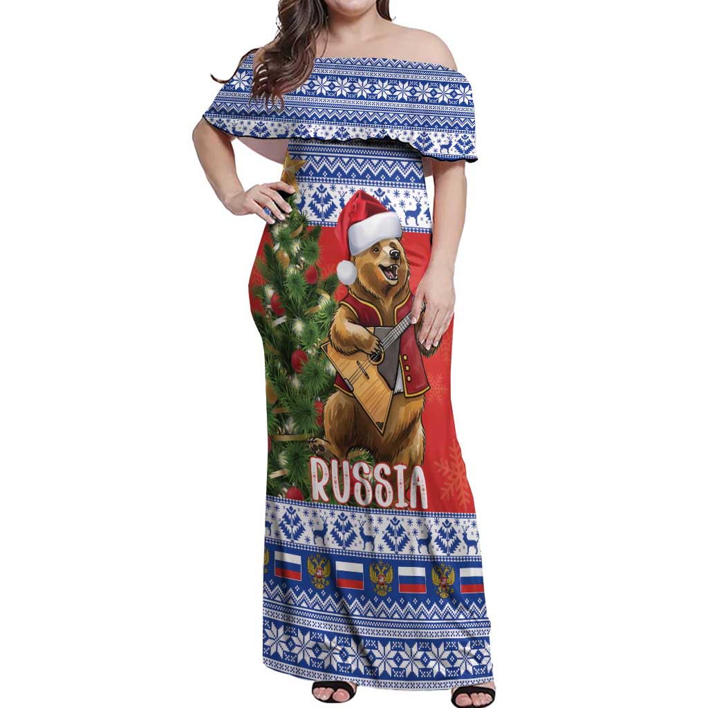 Russia Christmas Off Shoulder Maxi Dress Brown Bear Playing Balalaika - Wonder Print Shop