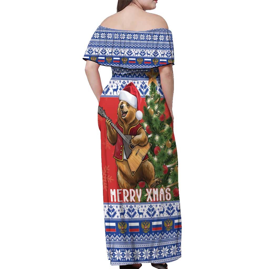 Russia Christmas Off Shoulder Maxi Dress Brown Bear Playing Balalaika - Wonder Print Shop
