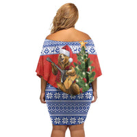 Russia Christmas Off Shoulder Short Dress Brown Bear Playing Balalaika - Wonder Print Shop