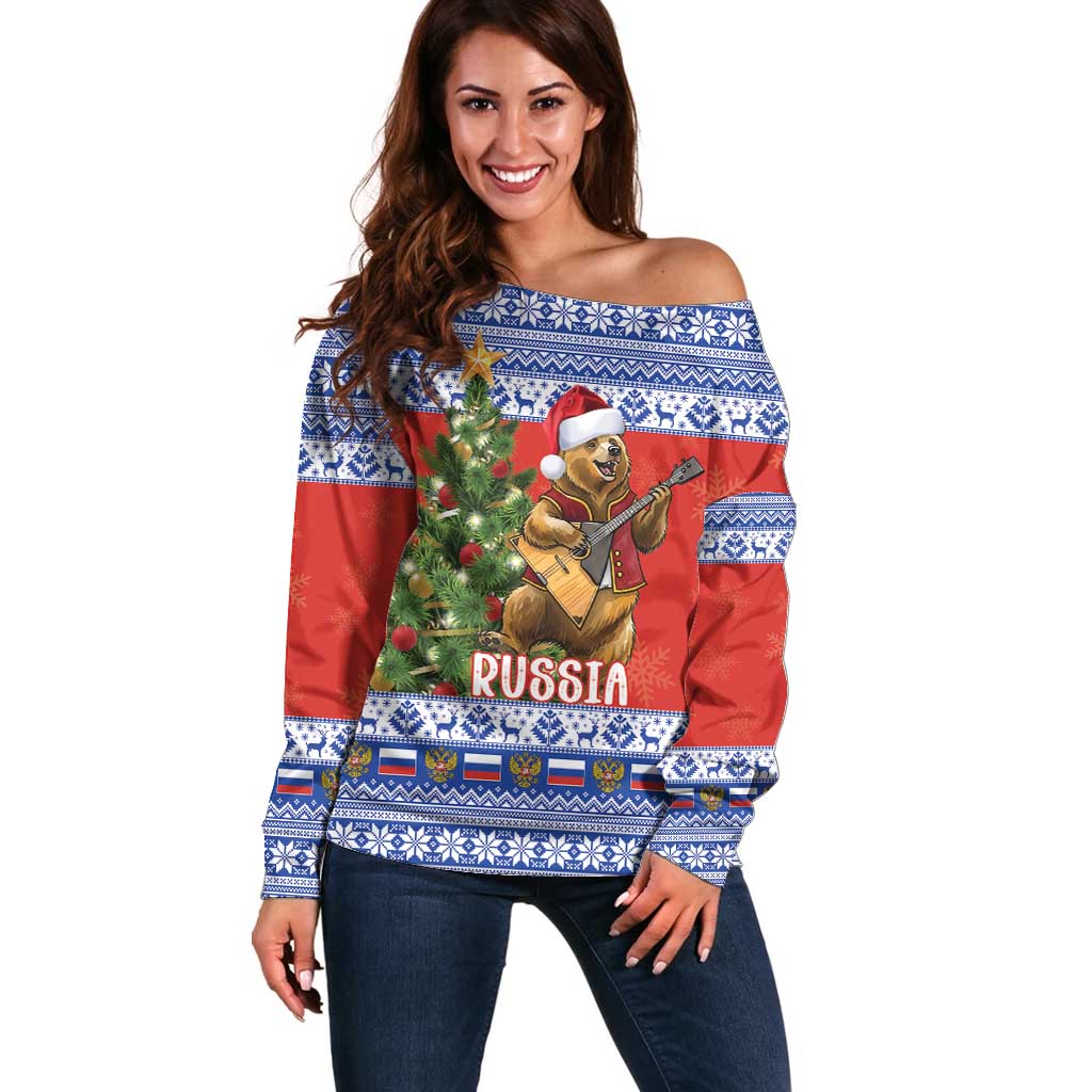 Russia Christmas Off Shoulder Sweater Brown Bear Playing Balalaika - Wonder Print Shop