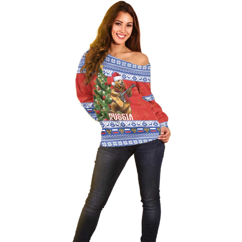Russia Christmas Off Shoulder Sweater Brown Bear Playing Balalaika - Wonder Print Shop