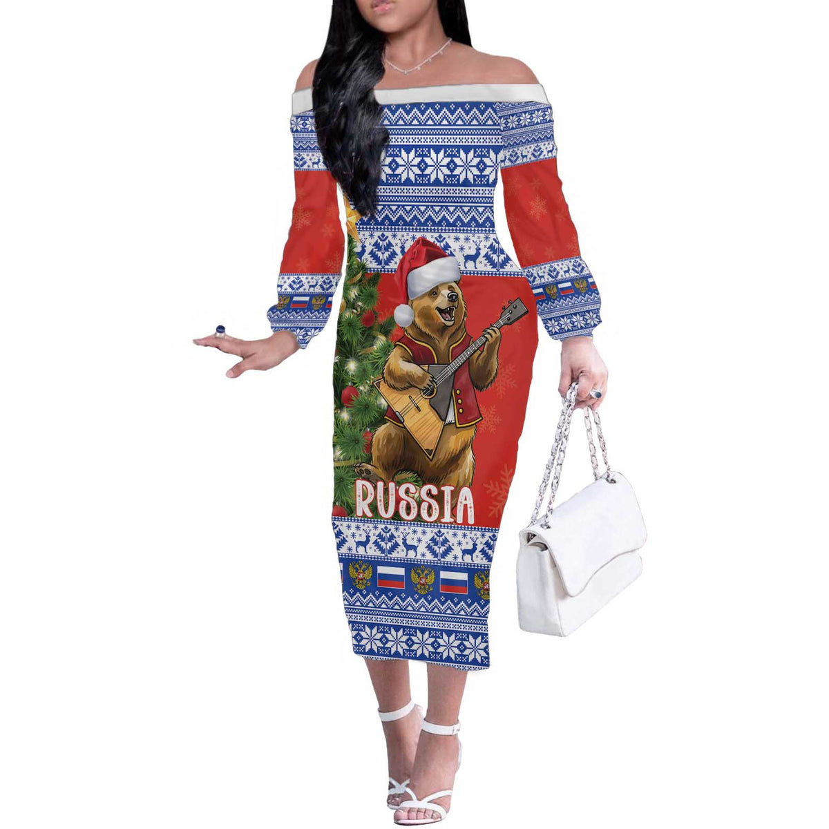 Russia Christmas Off The Shoulder Long Sleeve Dress Brown Bear Playing Balalaika - Wonder Print Shop