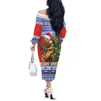 Russia Christmas Off The Shoulder Long Sleeve Dress Brown Bear Playing Balalaika - Wonder Print Shop