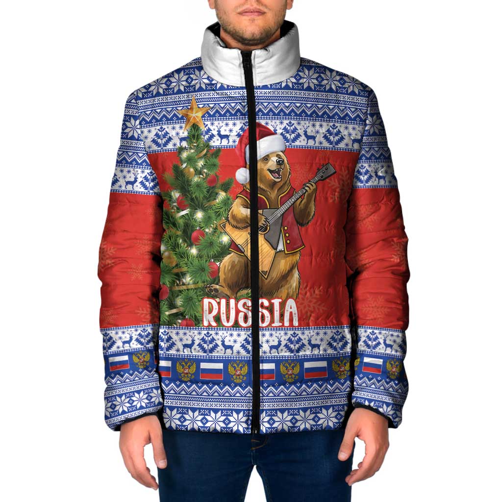 Russia Christmas Padded Jacket Brown Bear Playing Balalaika - Wonder Print Shop
