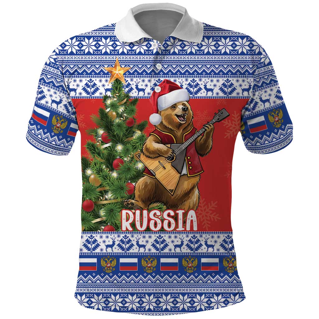 Russia Christmas Polo Shirt Brown Bear Playing Balalaika - Wonder Print Shop