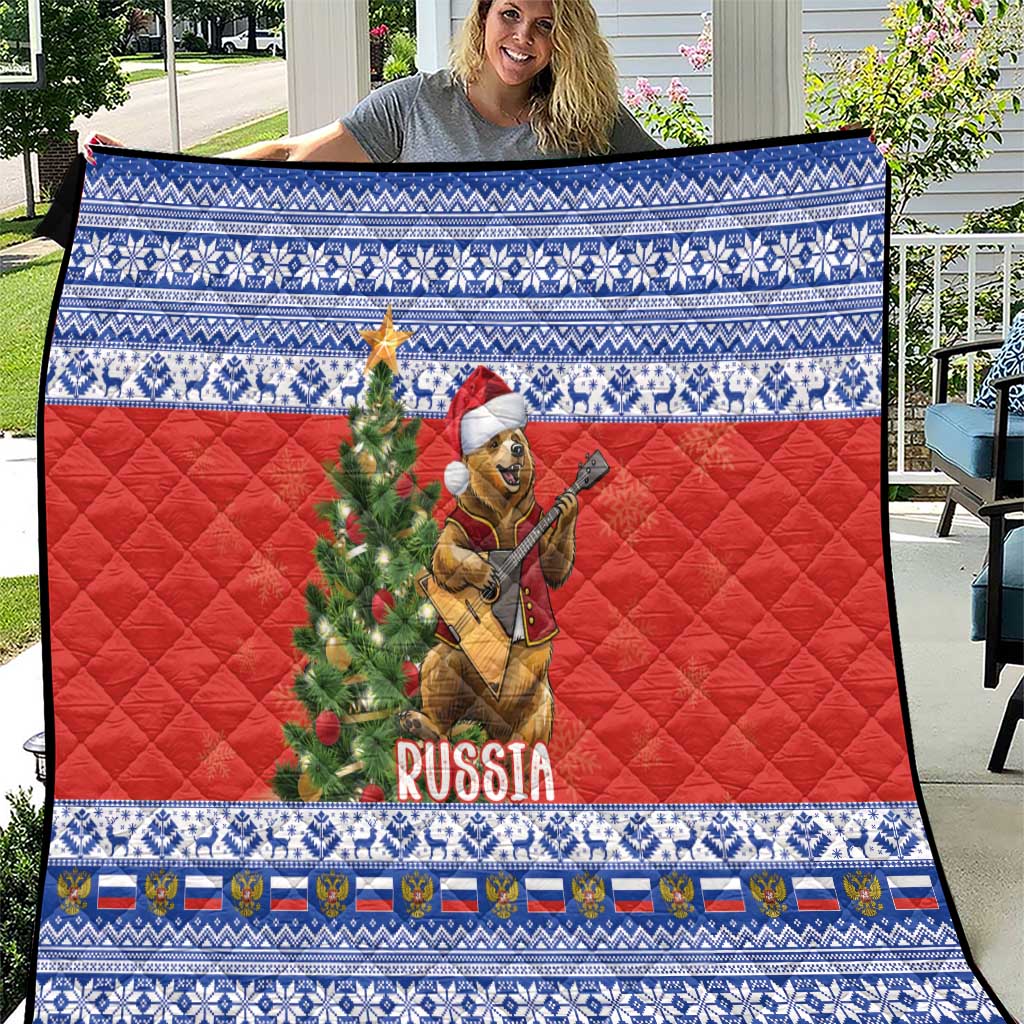 Russia Christmas Quilt Brown Bear Playing Balalaika - Wonder Print Shop