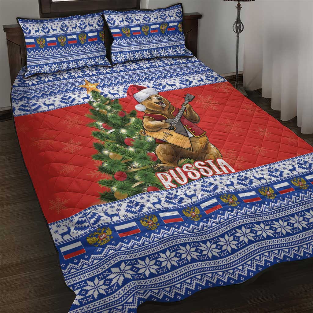 Russia Christmas Quilt Bed Set Brown Bear Playing Balalaika - Wonder Print Shop