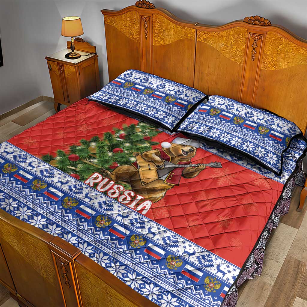 Russia Christmas Quilt Bed Set Brown Bear Playing Balalaika - Wonder Print Shop