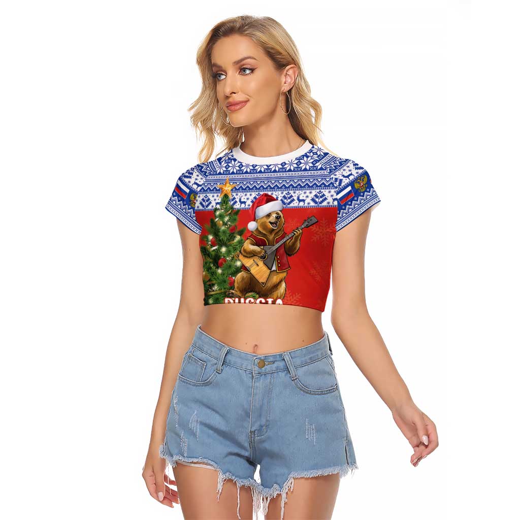 Russia Christmas Raglan Cropped T Shirt Brown Bear Playing Balalaika - Wonder Print Shop