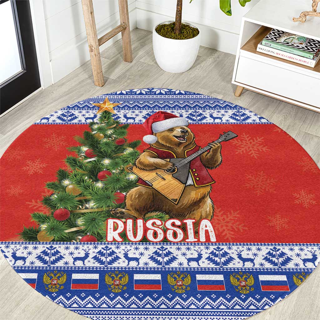 Russia Christmas Round Carpet Brown Bear Playing Balalaika - Wonder Print Shop