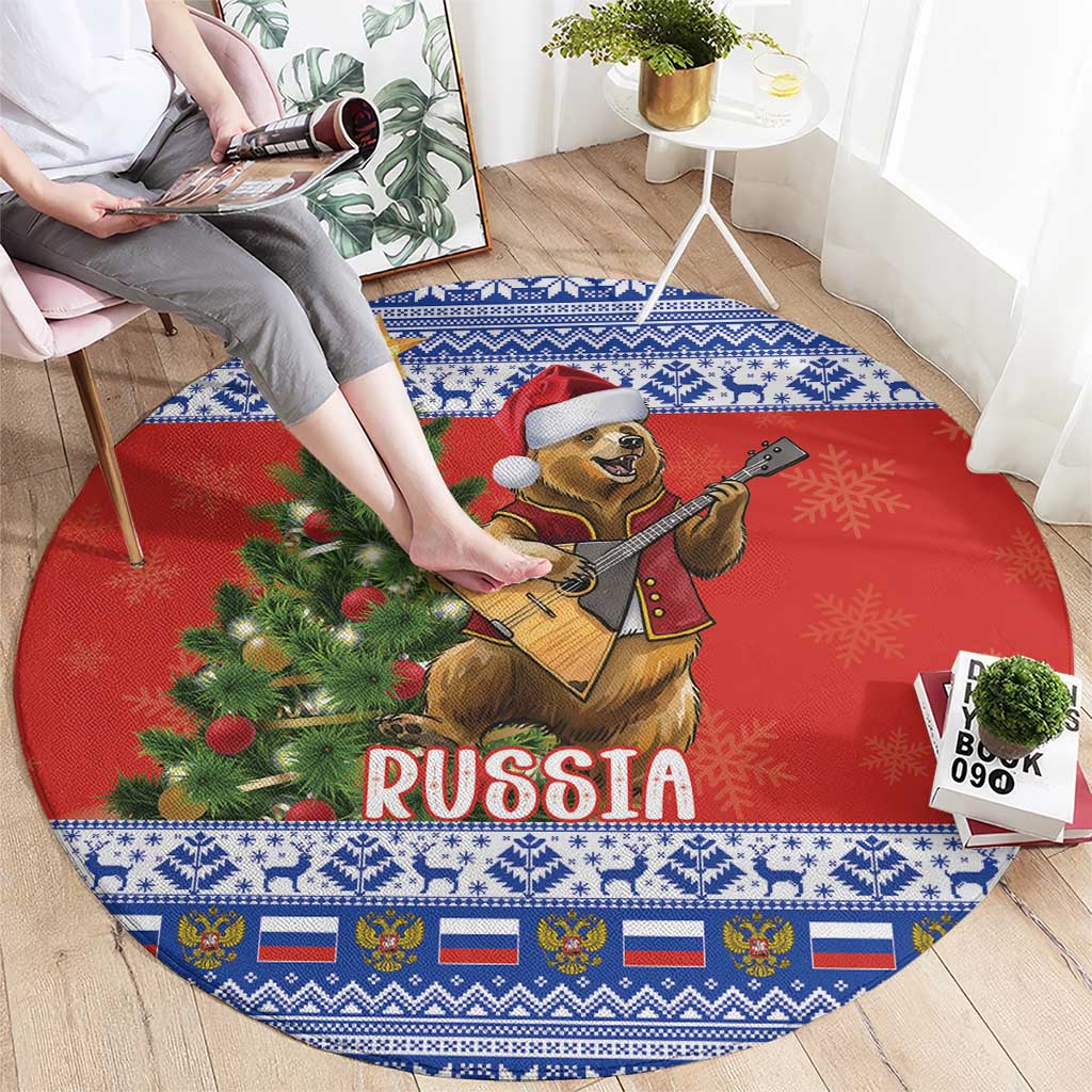 Russia Christmas Round Carpet Brown Bear Playing Balalaika - Wonder Print Shop