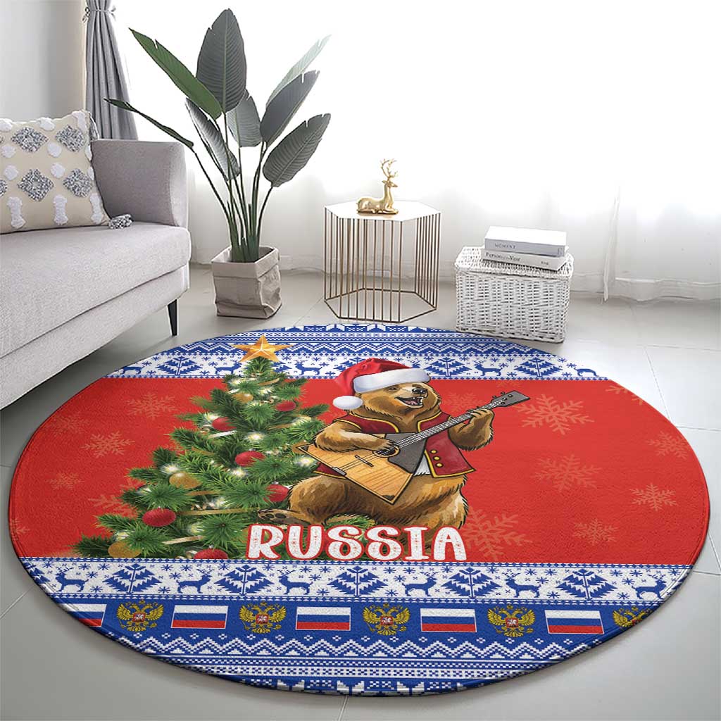 Russia Christmas Round Carpet Brown Bear Playing Balalaika - Wonder Print Shop