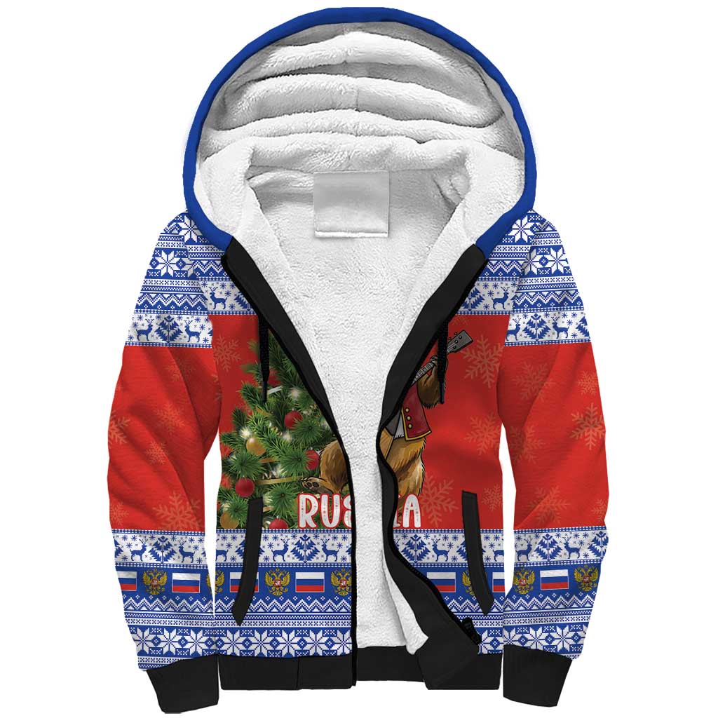 Russia Christmas Sherpa Hoodie Brown Bear Playing Balalaika - Wonder Print Shop