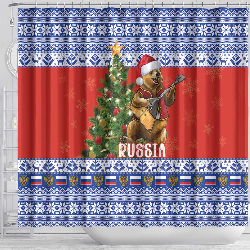 Russia Christmas Shower Curtain Brown Bear Playing Balalaika - Wonder Print Shop