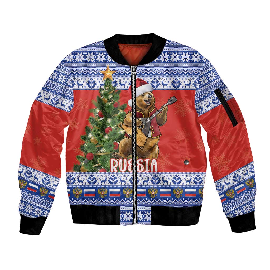 Russia Christmas Sleeve Zip Bomber Jacket Brown Bear Playing Balalaika - Wonder Print Shop