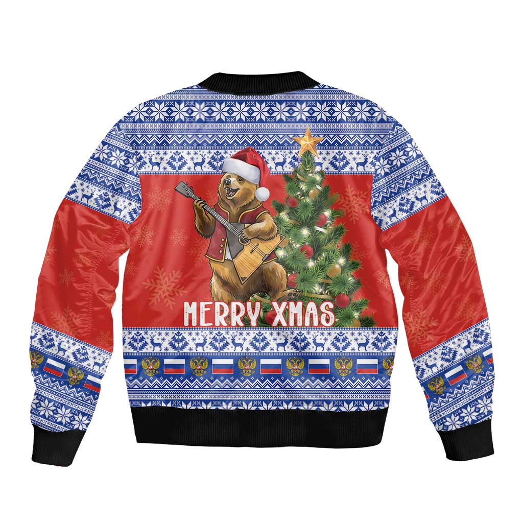 Russia Christmas Sleeve Zip Bomber Jacket Brown Bear Playing Balalaika - Wonder Print Shop