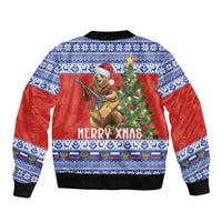 Russia Christmas Sleeve Zip Bomber Jacket Brown Bear Playing Balalaika - Wonder Print Shop