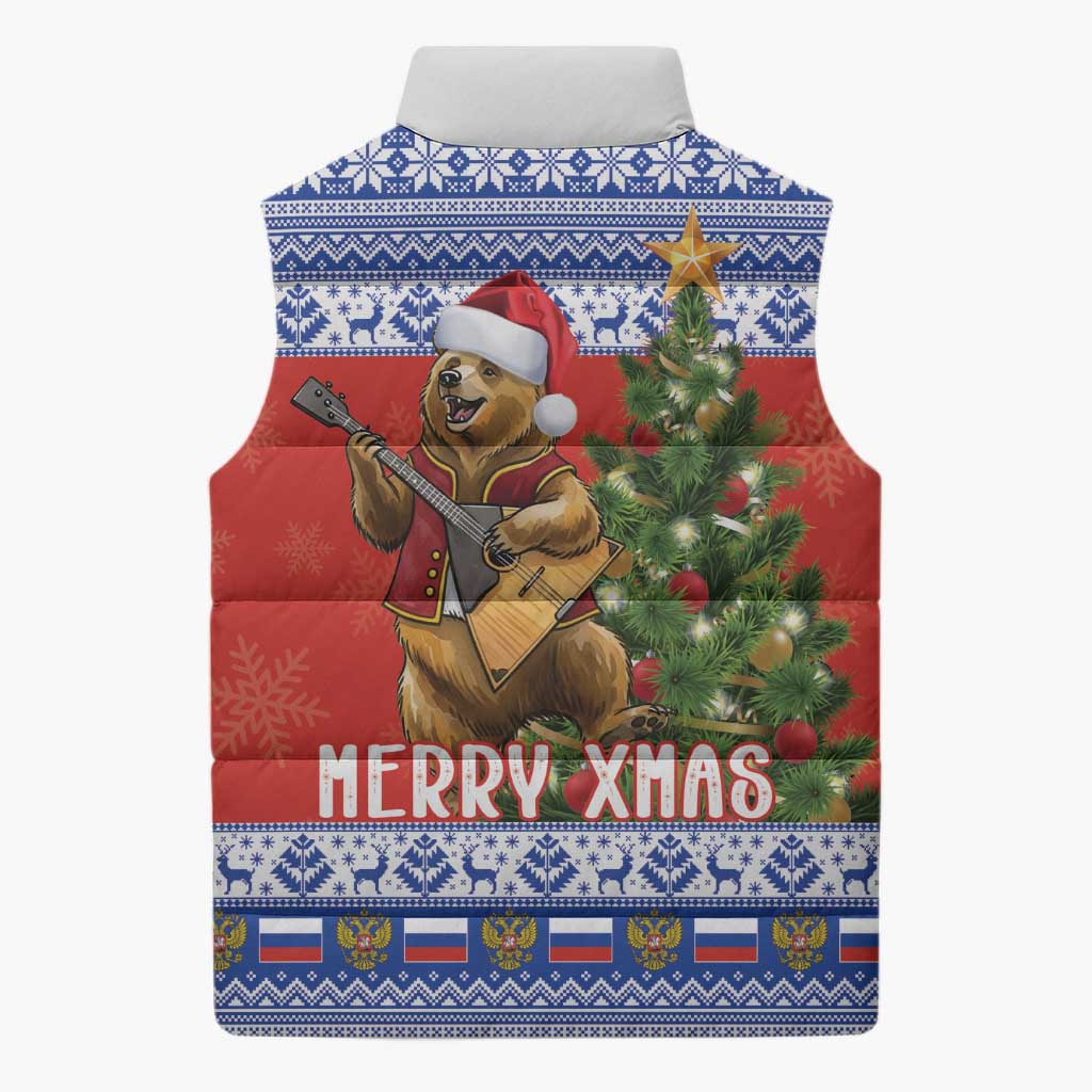 Russia Christmas Sleeveless Puffer Jacket Brown Bear Playing Balalaika - Wonder Print Shop