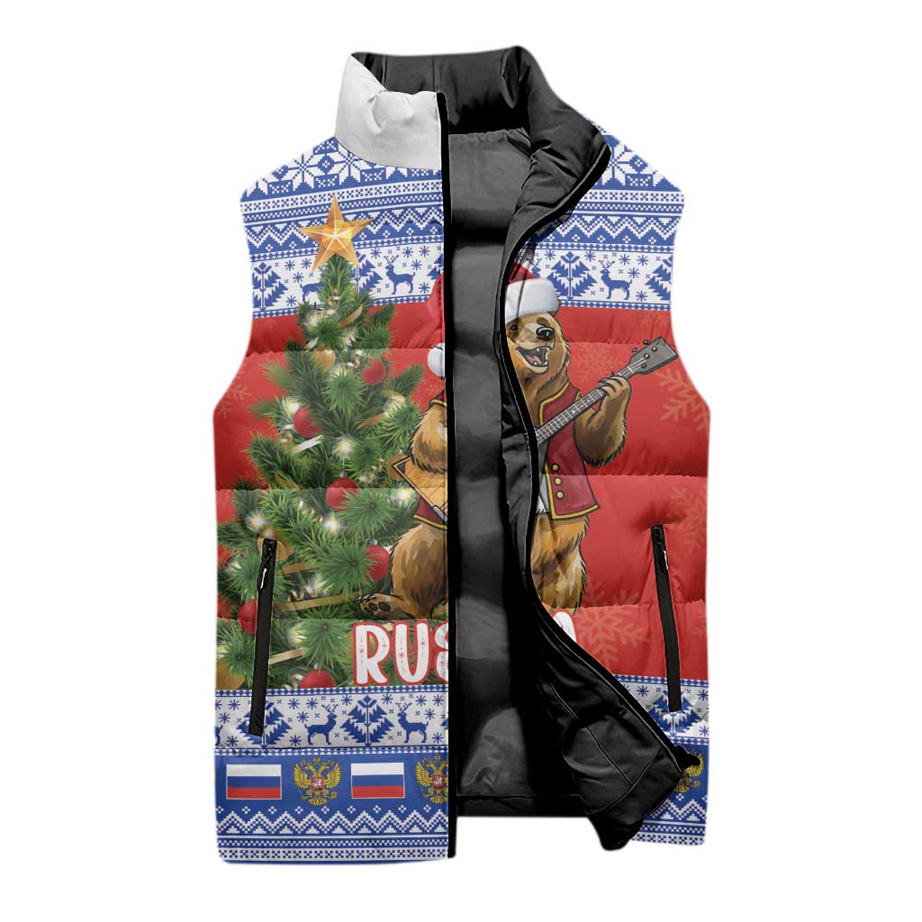 Russia Christmas Sleeveless Puffer Jacket Brown Bear Playing Balalaika - Wonder Print Shop
