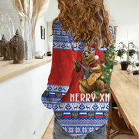 Russia Christmas Women Casual Shirt Brown Bear Playing Balalaika - Wonder Print Shop